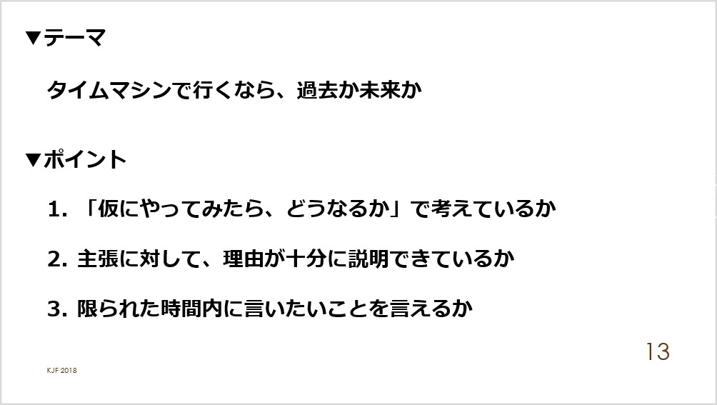 テーマ「タイムマシンで行くなら、過去か未来か」　ポイント「１「仮にやってみたら、どうなるか」で考えているか」　２主張に対して、理由が十分に説明できているか　３限られた時間内に言いたいことを言えるか