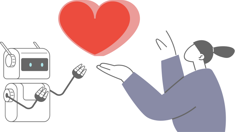 ロボットと人が大きな赤いハートを一緒に掲げているイラスト。AIと人の協力や共感を表現している。