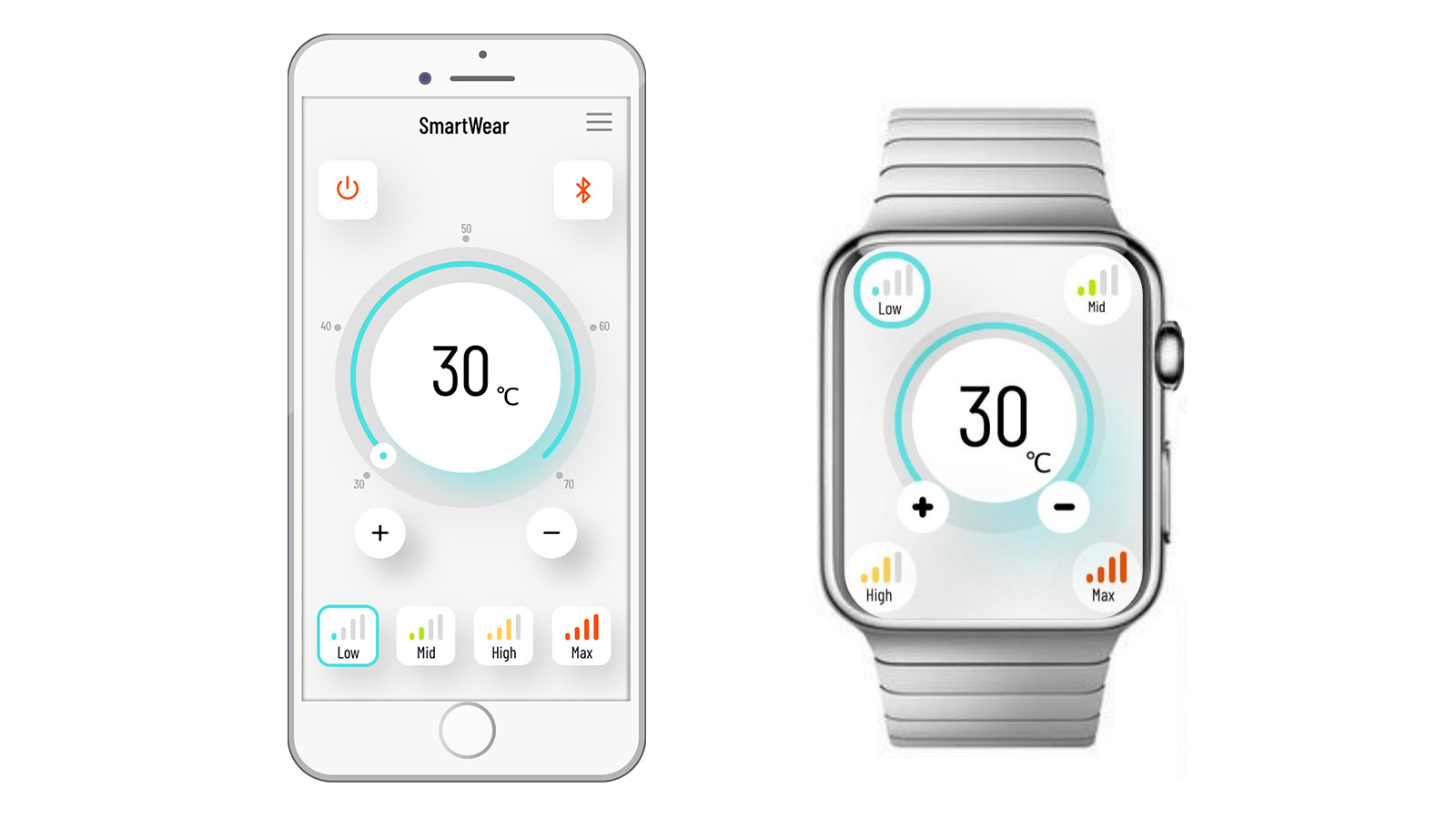 電熱布を温度調節するスマホアプリとアップルウォッチ向けアプリの画像