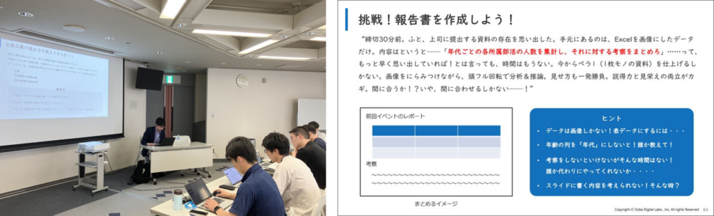 受講の様子の写真と、「挑戦！報告書を作成しよう！」のスクリーンショット