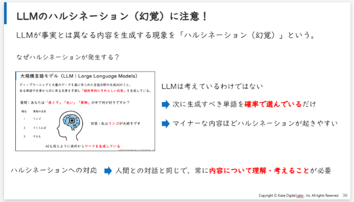 講義スライド「LLMのハルシネーション（幻覚）に注意！」のスクリーンショット